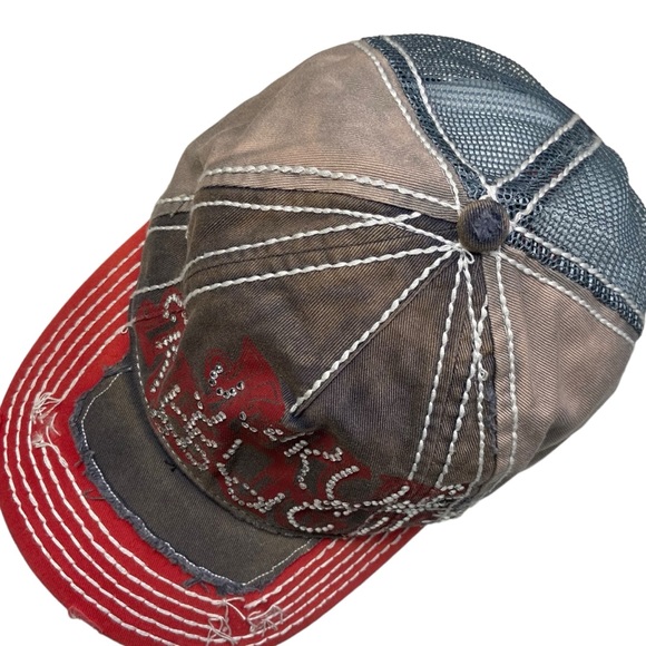 Y2K Vintage True Religion Jeans Rhinestone Mesh Trucker Hat TRBJ Grunge - Picture 7 of 15